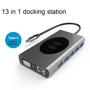 

13 in 1 USB Type C Hub Mobile Phone 10W Wireless Charger Type-C To HDMI 4K VGA Adapter RJ45 Lan Ethernet USB HUB