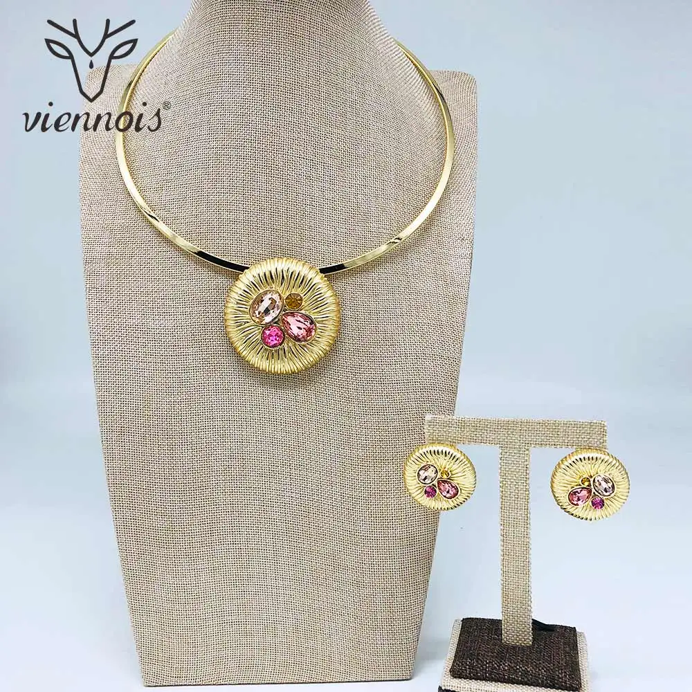 Viennois Fashion Gold Color Stud Clip On Earrings Mix Color Zricon Pendant Necklace Jewelry Set For Women Metal Party