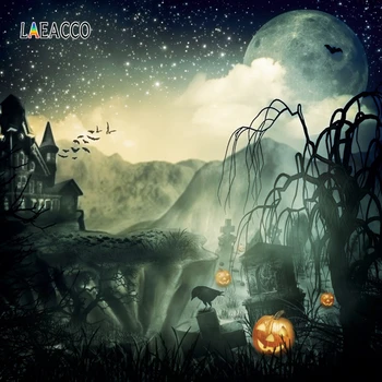 

Laeacco Halloween Moon Mountains Trees Castle Pumpkin Light Tomb Photography Backdrops Photographic Backgrounds For Photo Studio