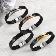

Cross Border European And American Creative Stainless Steel Leather Bracelet Men's Simple Beveled Edge Style Korean Double