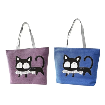 

2 PCS Girl Cat Eat Fish Shopping Bag Shoulder Women Handbags Beach Tote Bags Handbags Purple & Blue