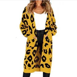 Женские шерстяные Кофты с леопардовым принтом, длинное пальто, вязаный женский кардиган с длинными рукавами, свободный свитер PocketsMujer