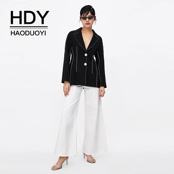 

HDY Haoduoyi Autumn Casual Simple Personality Hit Color Line Decoration Double Button Long Sleeve Flip Collar Suit Jacke