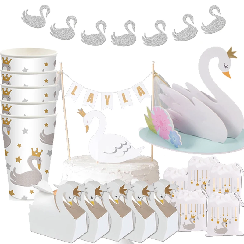 Swan Party Cake Topper Birthday Favor Boxes Glitter Centerpiece Paper Cups Decorations Supplies Custom-made Bags | Дом и сад