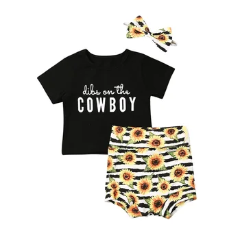 

Cute Newborn Baby Boy Girl Short Sleeve Cotton T-shirt Tops Sunflower Shorts Pant Bottom Headband 3PCS Baby Clothing Set