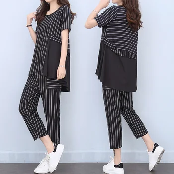 

2 Piece Sets Summer Women Sets Short Sleeve Casual T-shirt Loose Pullover Tops+fashion Female Harem Pants Trousers Plus Size 5XL