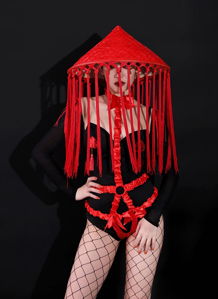 Vintage Embroidery Red Tassels Black Bodysuit Leading Dancer DJ Jazz Dance Costume Bar Nightclub Sexy Performance Stage Wear