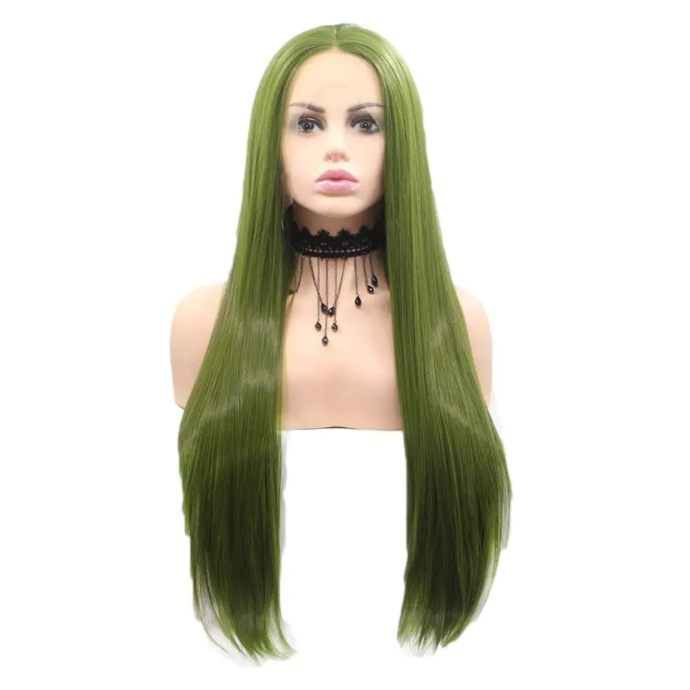 Long Green Silk Straight Wigs for Women  Grass Green Lace Front Wig Natural Hairline Synthetic Heat Resistant Fiber Hair Wig