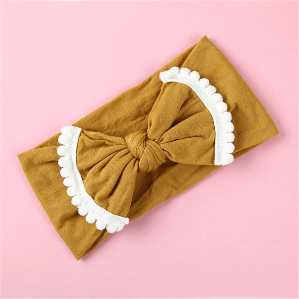 

1PCS New Nylon Bow Headbands, Cute Pompom Trim Knot Solid Wide Nylon Headbands, Headwear Turban, Girls Head Wrap Hair Accessory