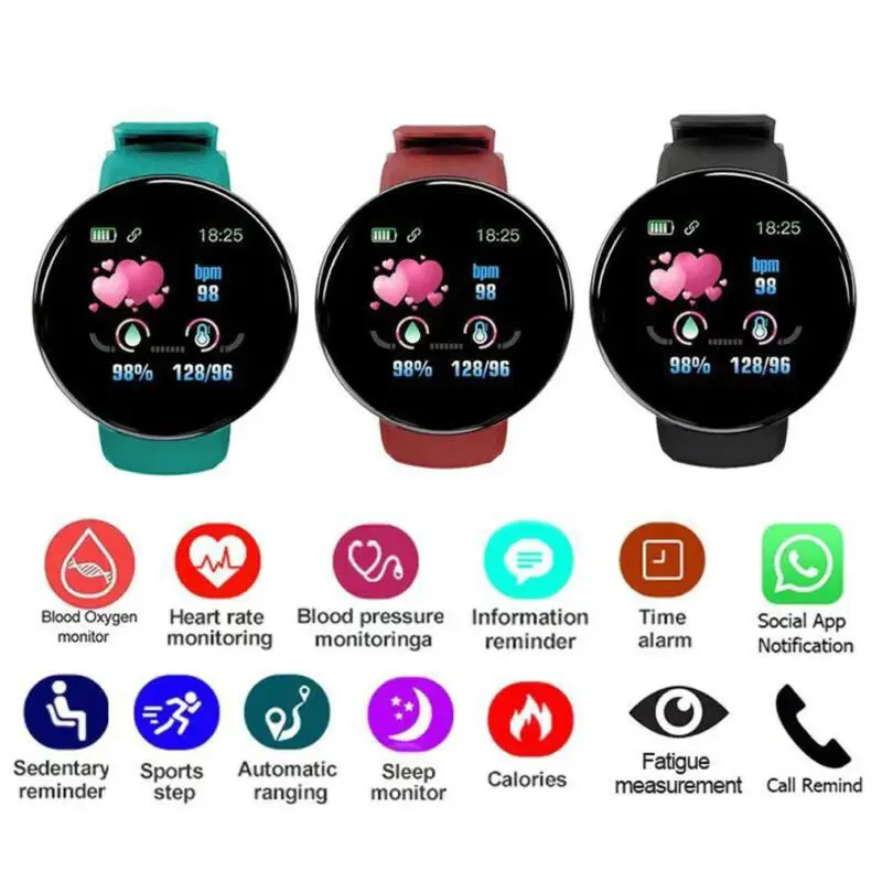 

Reloj D18 Round Smart Watch 2020 Heart Rate Smartwatch Men Women Blood pressure Step Stopwatch Android Smart Bracelet amazfit