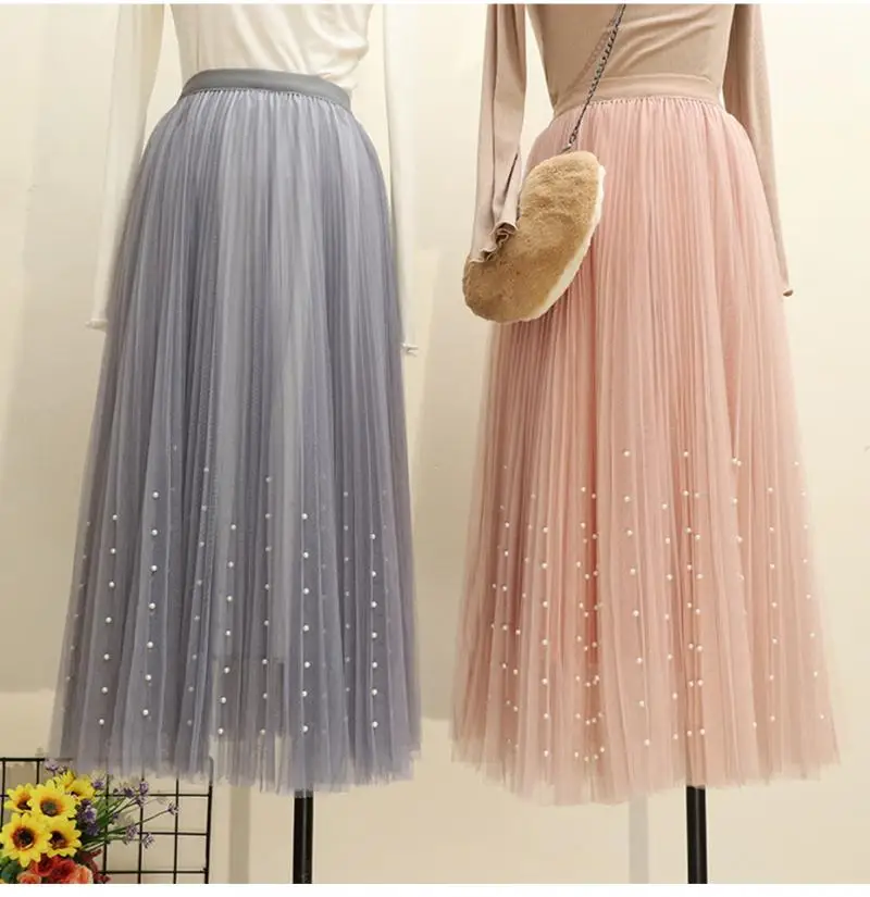 3 слоя модные женские туфли длинная юбка из тюля с Бисер, в Корейском стиле; сезон лето Высокая Талия плиссированная юбка Женский Белая юбка