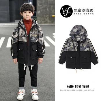 

INS HOT Baby Boys Winter Coat Camouflage Stitching Thick Plush Lining Trench Coat 3-13 Years Old Letter Hooded Winter Wear