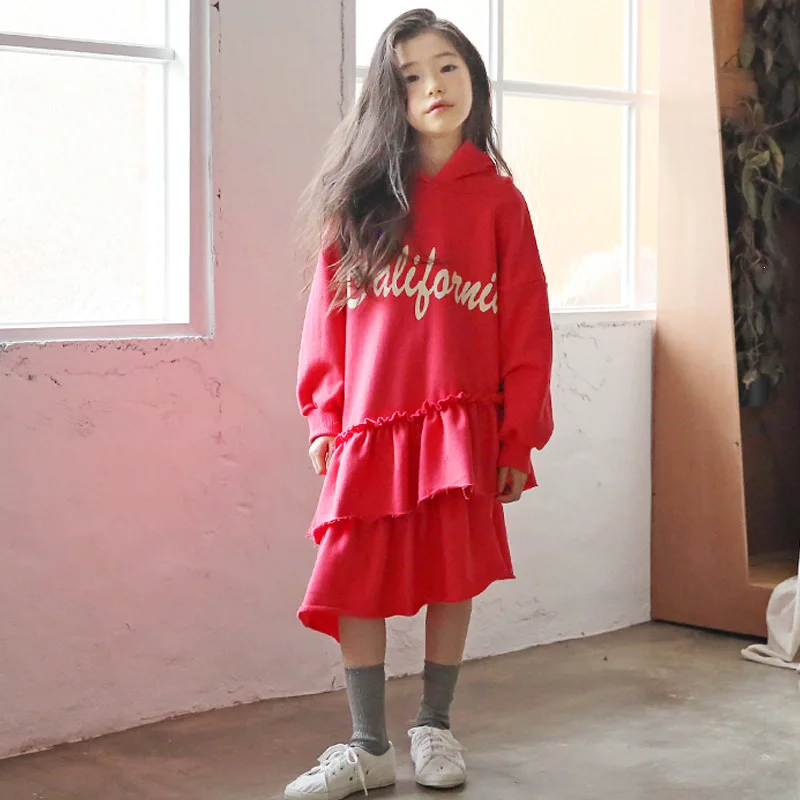 

Girls Dress 2019 Korean-style Spring New Style Middle And Large Children INS Irregular Hooded Long Sleeve 100% Cotton Skirts