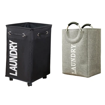 

2 Pcs Dirty Clothes Laundry Basket Foldable Storage Basket with Wheel for Office Oxford Laundry Hamper, Black & Gray