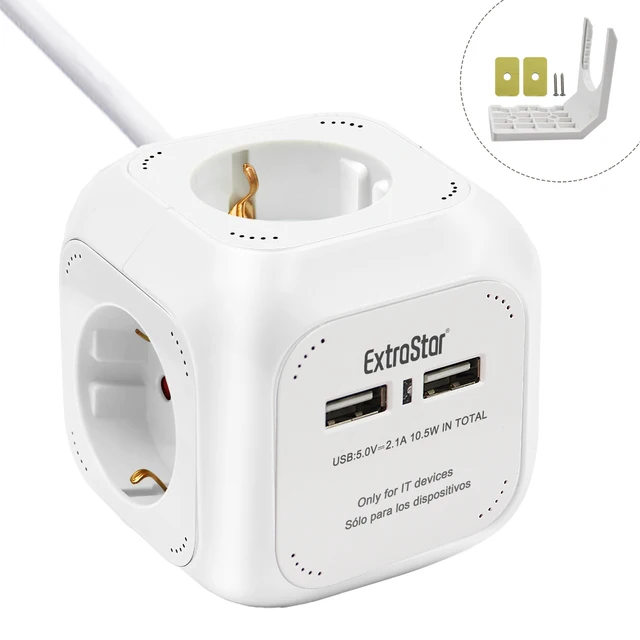 ExtraStar®Power Cube Cable 1.5 m Power Strip 4 Outputs, with 2 for USB charging 5V/2.1A, white/blue/red/mixed White