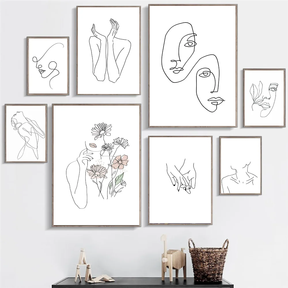 

Line Draw Face Canvas Posters Nordic Style Print Scandinavian Flower Wall Art Painting Decor Pictures Minimalist Home Decoration