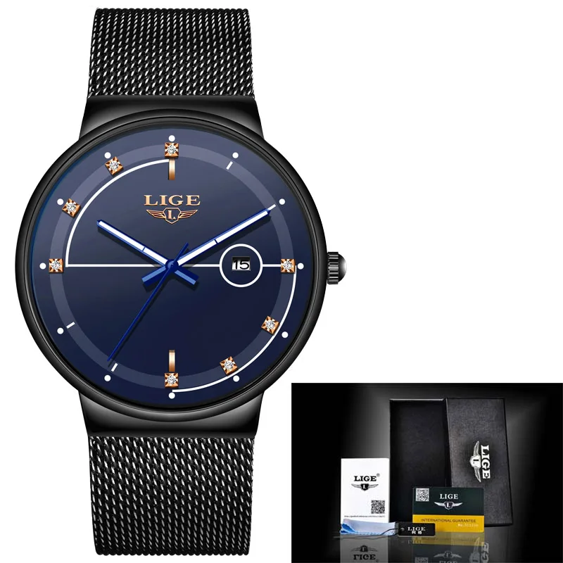 Black blue Reloj Mujer LIGE новые женские роскошные брендовые часы простые Кварцевые женские водонепроницаемые наручные часы женские модные повседневные часы - Цвет: Black blue