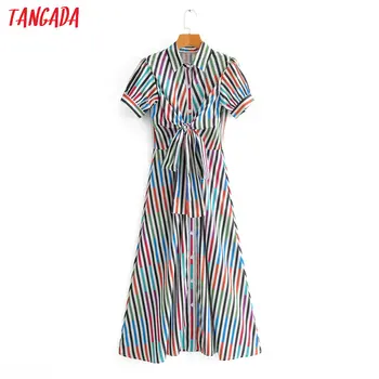 

Tangada fashion women stripe print midi dress with bow short sleeve ladies vintage chiffon dress vestidos 2F40