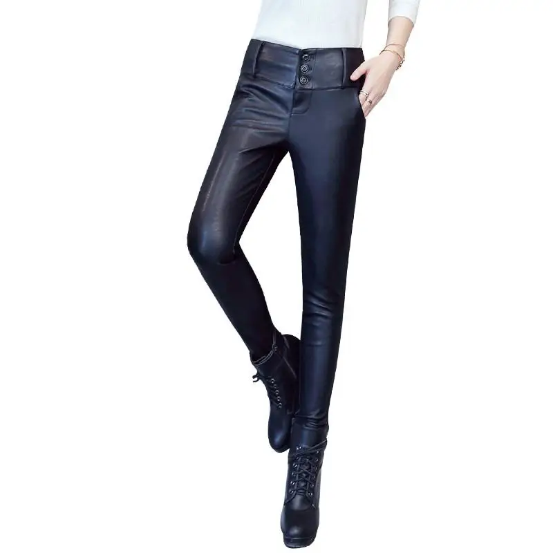 

2019 Autumn Winter Women Real Leather Plus Velvet Sheepskin High Waist Pants Female Slim Button Fly Trousers Skinny Leggings S16