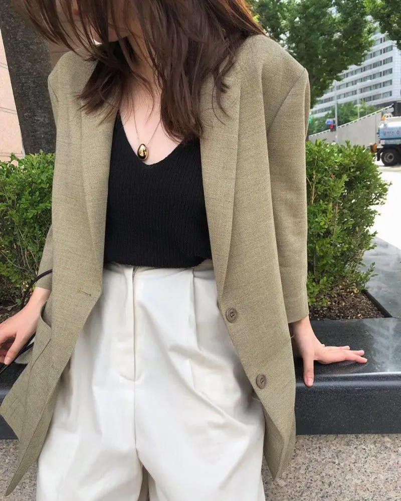 South Korea INS Retro Simple Normcore Style Greyish Green Suit Jacket