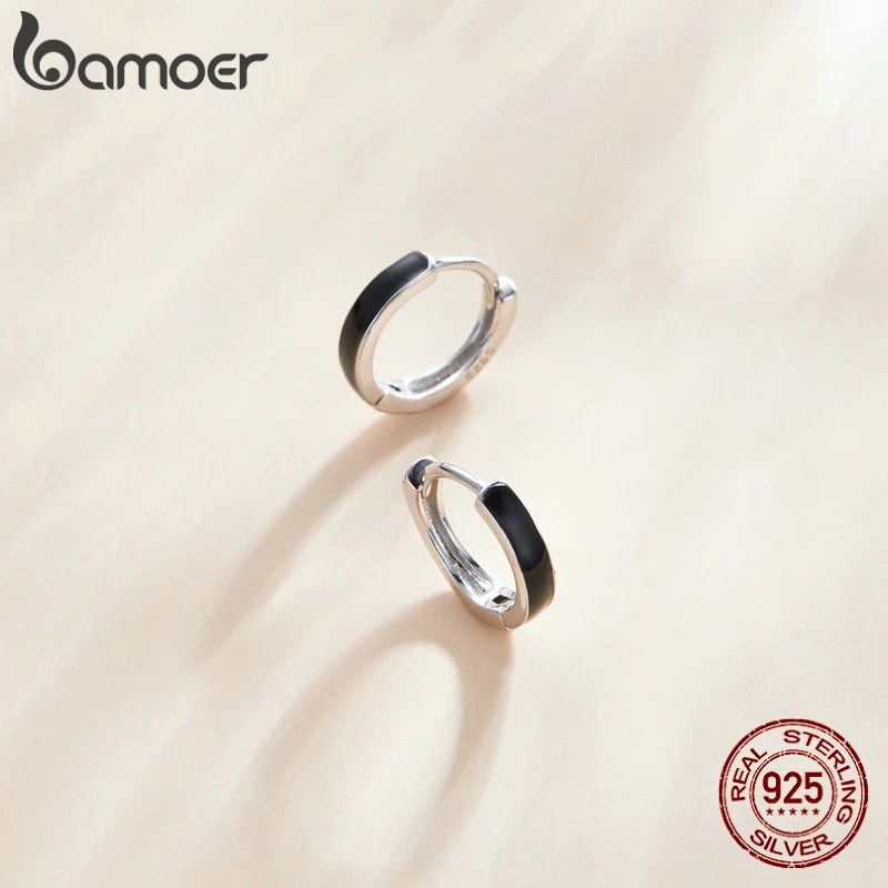 bamoer 1 Pair Silver Black Hoop Earrings for Women 100% 925 Sterling Silver Enamel Drop Oil Earring Party Jewelry SCE1047 - Image 3