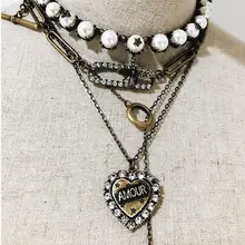 Женское винтажное ожерелье с сердечками, насекомые, Жемчужное многослойное на ключицы, цепочка, винтажный комплект ювелирных изделий из старинных сережек