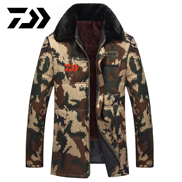 Daiwa Coats Winter Jacket Men Slim Thicken Fur Hooded Outwear Warm Coat Fishing Clothing Casual Mens Coat Fishing Clothes