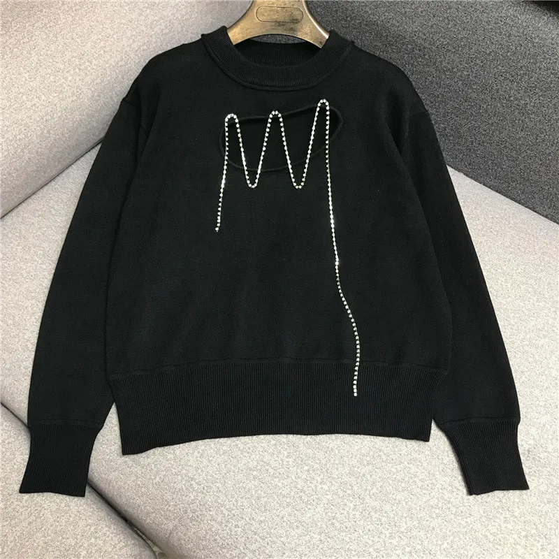 

Luxury Designer Brand Knitted Pullovers for Women Causel O Neck Hollow Out Diamond Chain Loose Black Knitted Sweater
