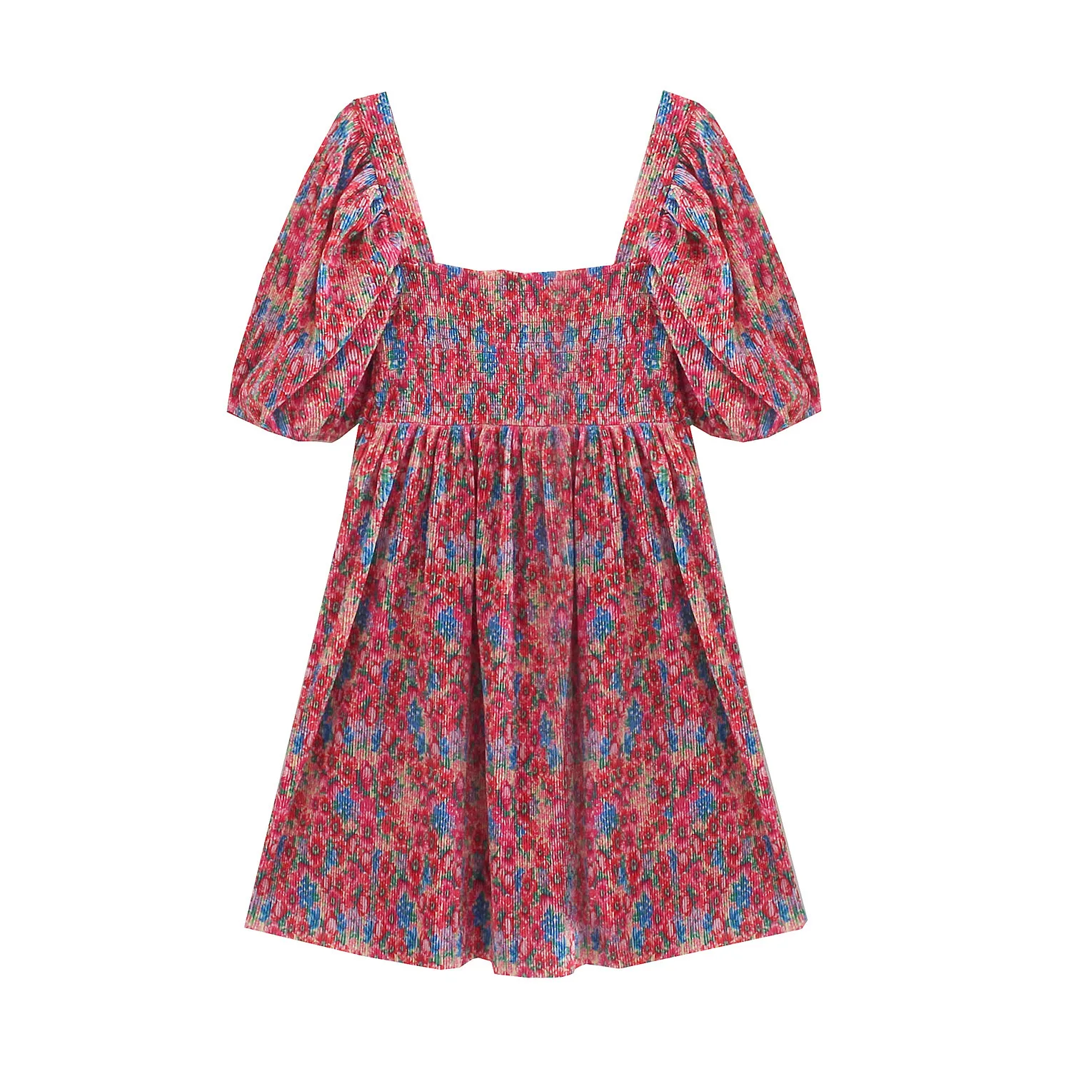 Summer Fashion Women's Printed Pleated Dress Square Neckline Elasticity Knee-length Skirt | Женская одежда