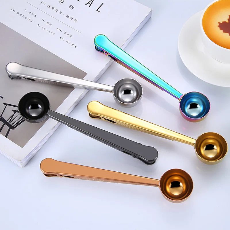 Stainless Steel Coffee Scoop With Clip Gold Plated Coffee Tea Scoops Rose Gold Measuring Spoon