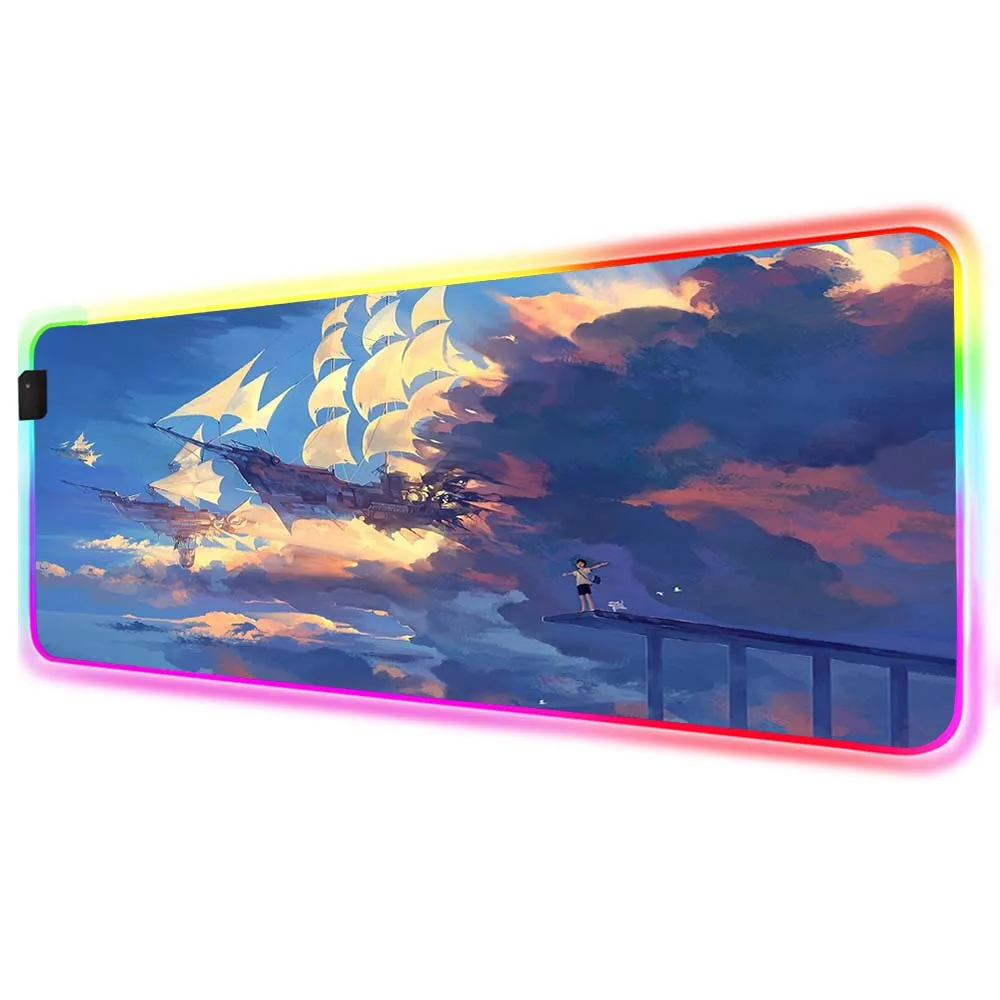 

City Airship Animation Mouse Pad RGB Mouse Pad Black Seam with Backlight LED Computer Desktop PC Keyboard Non-Slip Desk Mat XXL