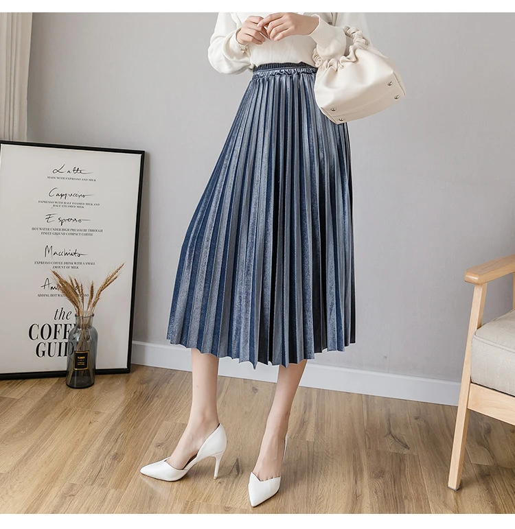 Beiyingni Autumn Winter Gold Velvet Midi Skirt for Woman High Waist Vintage Casual Pleated Skirts Womens Solid 7Colors Warm Saia