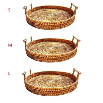 

Round Rattan Storage Tray Basket with Handle Hand-Woven Bread Fruit Food Display