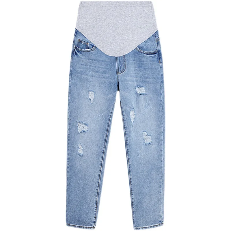 New Spring Denim Maternity Jeans Ripped Hole Washed Elastic Waist Pants for Pregnant Women Casual Loose Pregnancy Trousers