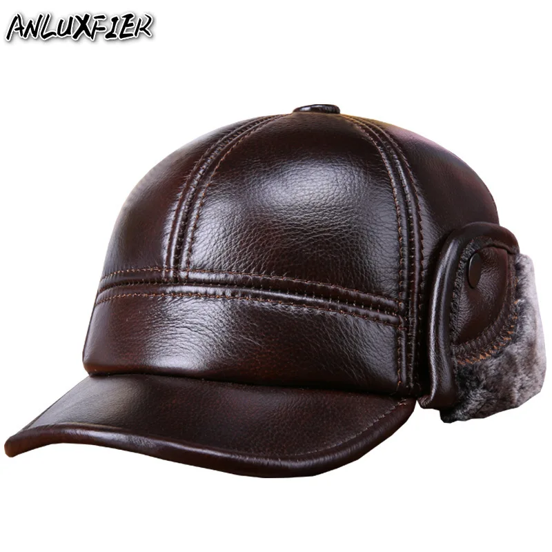 

B-7257 Men's Baseball Cap Adult Winter Warm Hats Cowhide Natural Skin Earmuffs Hats Fur Inside Casual Leather Warm Cap