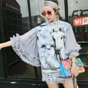 

Digital Horse Printed Ruffles Shirt Dress Wild Mesh Butterfly Sleeves T-shirt Oversized Spliced Multi-layers Tees O-Neck Tops