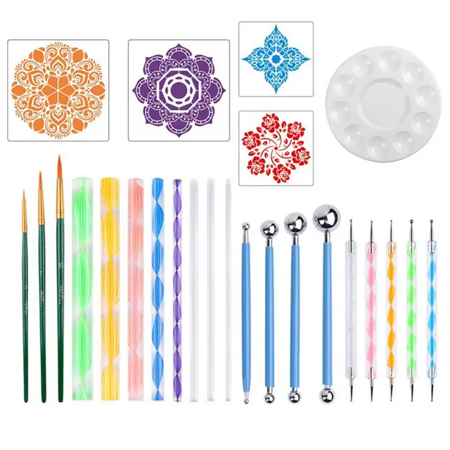 25PCS Mandala Dotting Tools Set Pen Dotting Tool Mandala Stencil Ball Stylus Paint Tray Painting Rock Coloring Drawing Supplies