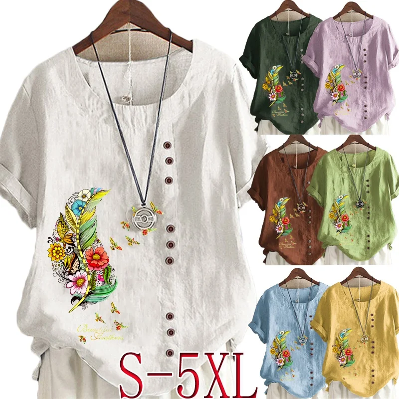 

Summer Fashion Women's Feather Printed Linen T-shirt Casual Loose Round Neck Short Sleeve Shirt Blouse Top