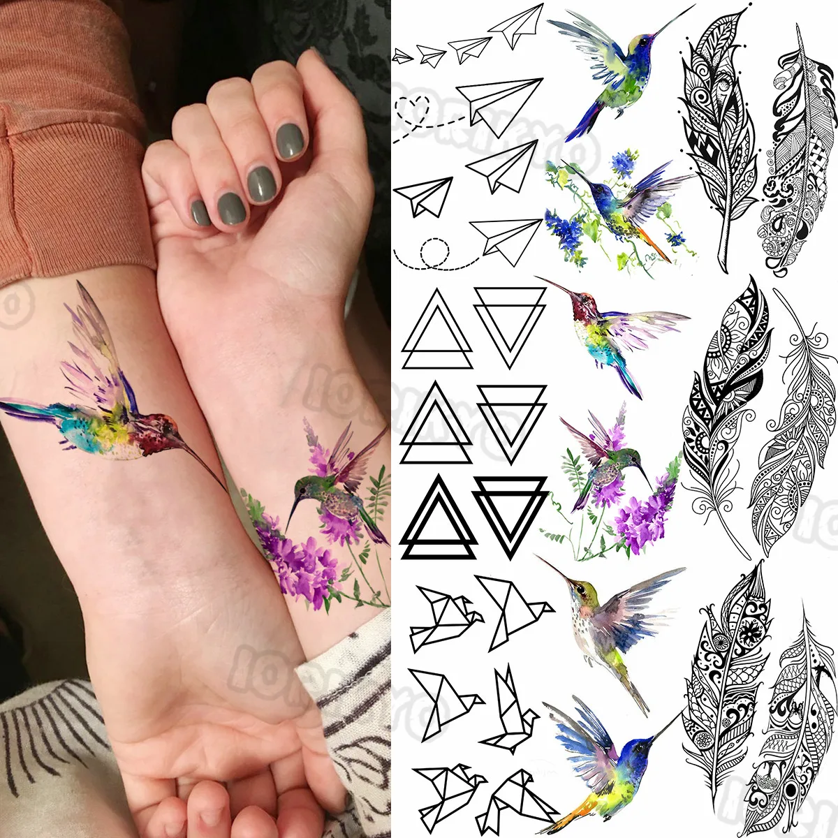 Tatouage Plume Oiseaux Qui S envolent Petit tatouage temporaire pour femmes, colibri coloré, plume géométrique,  papier, avion, autocollant, bras avant, corps | AliExpress