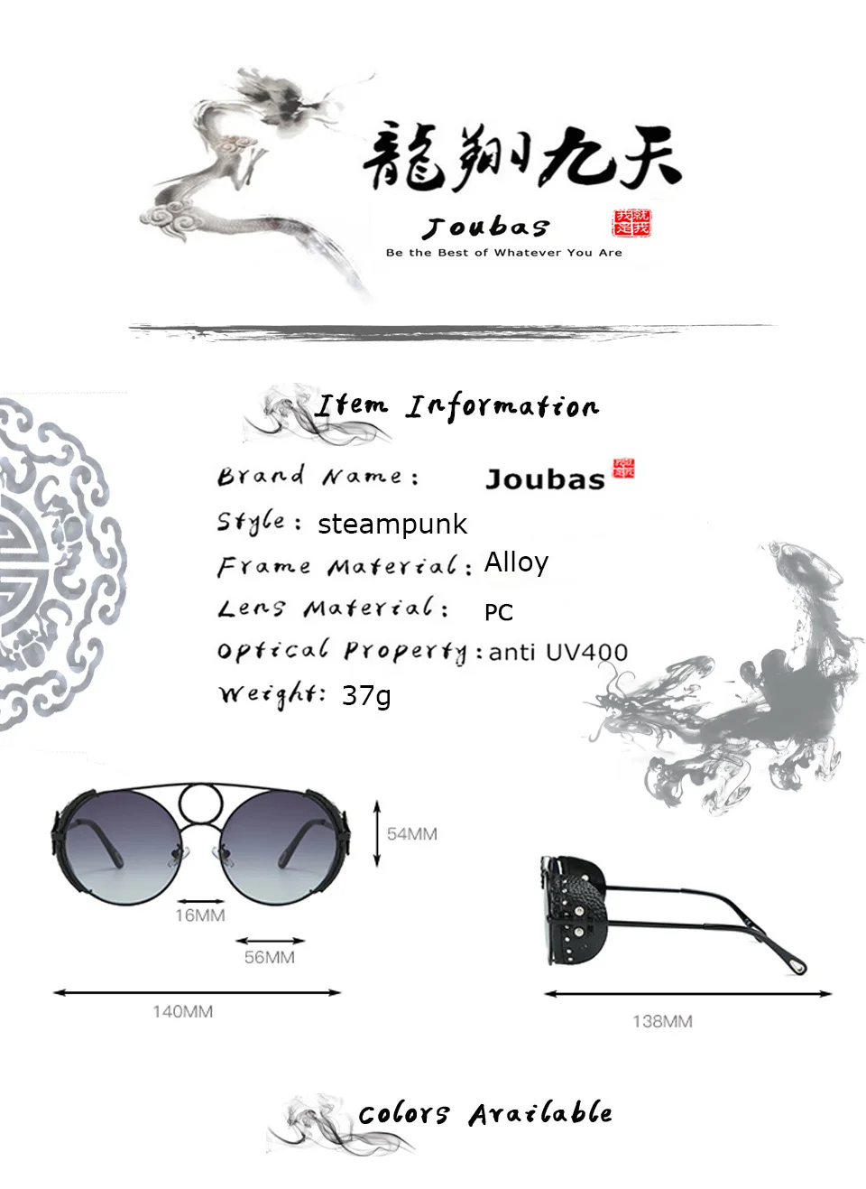 Joubas панк Солнцезащитные очки для мужчин/женщин круглый стимпанк Солнцезащитные очки Винтаж PU очки с кожаной оправой роскошный фестиваль дизайнерские темные очки 147
