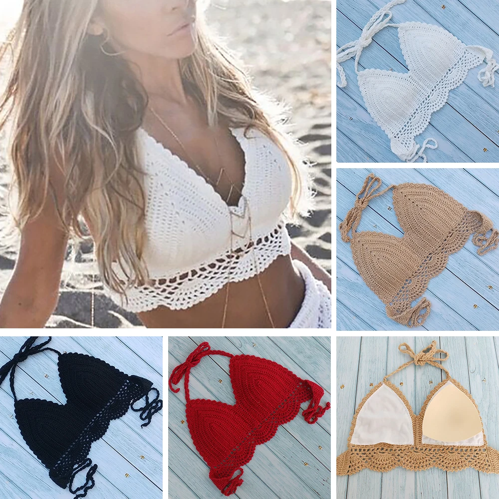 

2019 White Bikini Top Handmade Crochet Women Boho Beach Khaki Halter Knitted Swimsuit Brazilian Bikinis Bathing Suit Top
