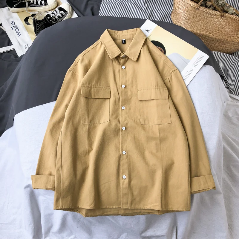 Осенняя хлопковая рубашка Мужская модная Однотонная рубашка мужская приталенная рубашка Повседневная Рабочая Рубашка с длинными рукавами Мужская s M-3XL - Цвет: khaki