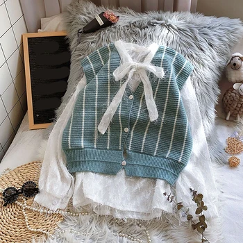 

knitted striped women sweater vest 2020 winter new v-neck short high waist casual all match female outwear coat tops