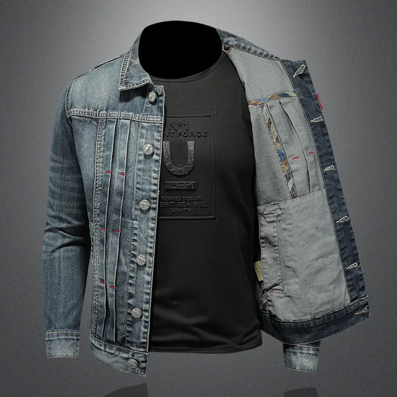 Куртка мужская джинсовая модная повседневная однотонная приталенная из денима с