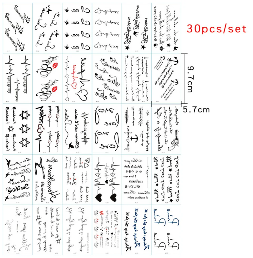 30 шт./компл. слова черного цвета с надписью и принтом в временная татуировка Стикеры для мальчиков и девочек, Для мужчин пальцев рук боди-арт художественные рисунки пара наклейки с поддельными татуировками