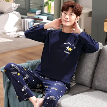 

Pajamas Sets Male Striped Full Pure Cotton Carton Fashion Men Long Sleeve Sleepwear Suit 2 Pieces Casual Spring Home Lounge Gift
