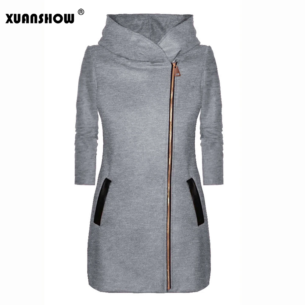 XUANSHOW зима осень длинный рукав с капюшоном женская тонкая повседневная куртка диагональная молния пальто Женская Harajuku Женская толстовка