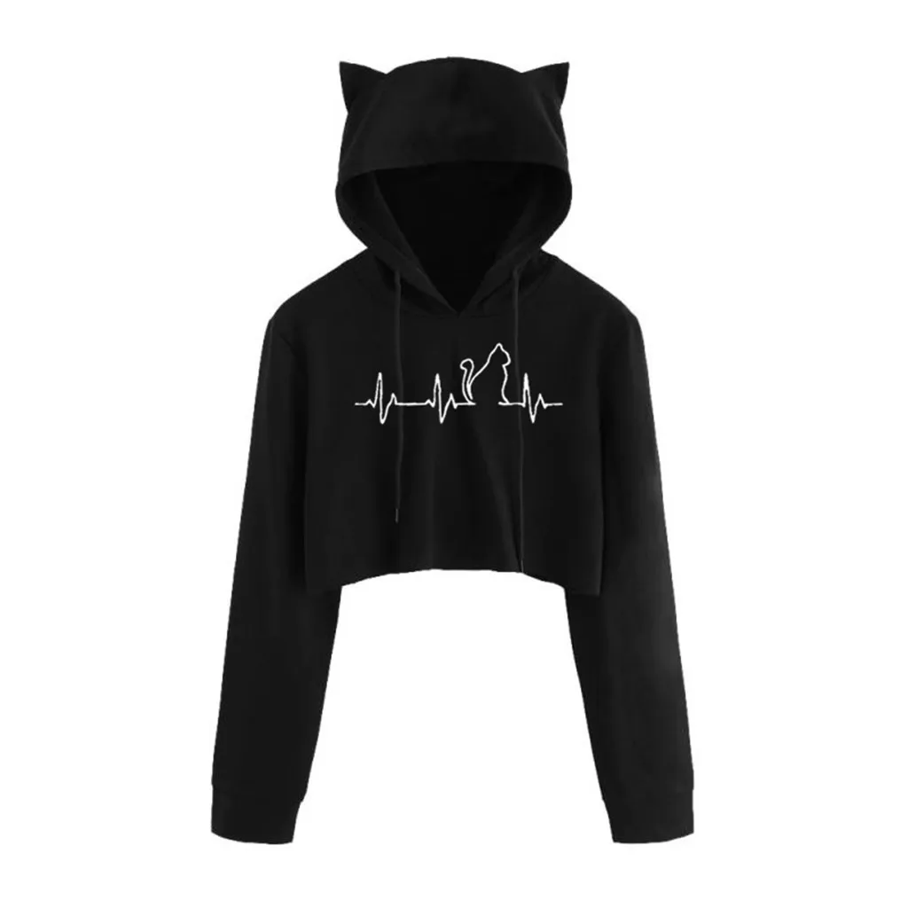 40 # женский укороченный топ с капюшоном кошачьими ушками и длинным рукавом