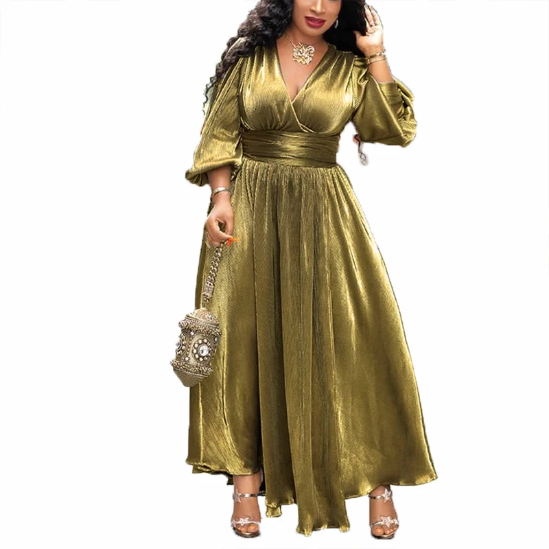 

Sexy Party Dresses Plus Size Luxury Golden Glitter Split V Neck Women High Waist Tunic Night Club Long Sleeve Pleated Dress 2019