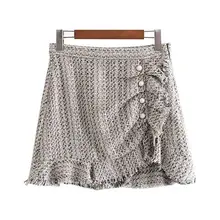 Женская модная повседневная твидовая юбка с жемчужными пуговицами, элегантная мини-юбка трапециевидной формы